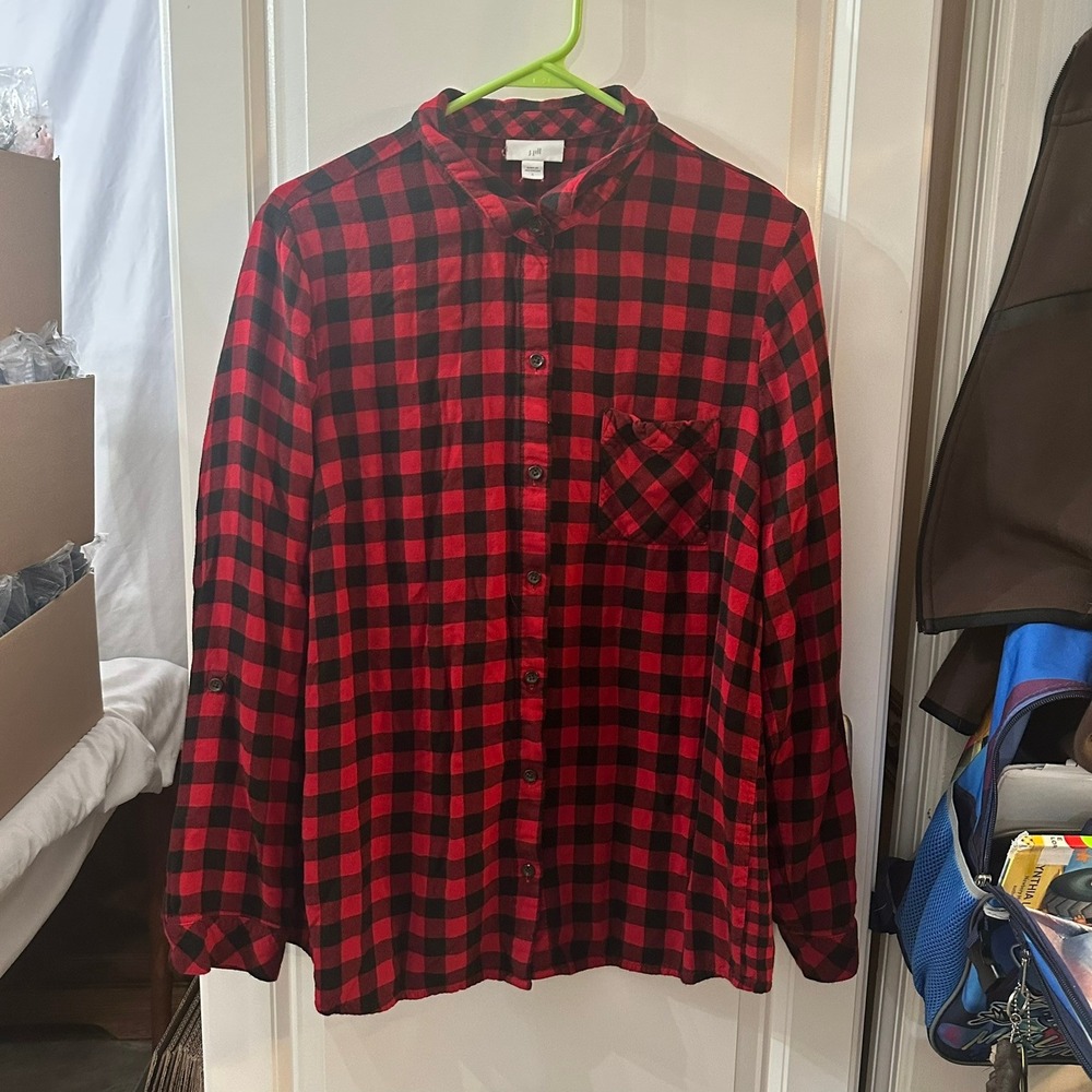 J Jill Women's Long Sleeve‎ Button Up Red Black Buffalo Plaid Shirt Size Large